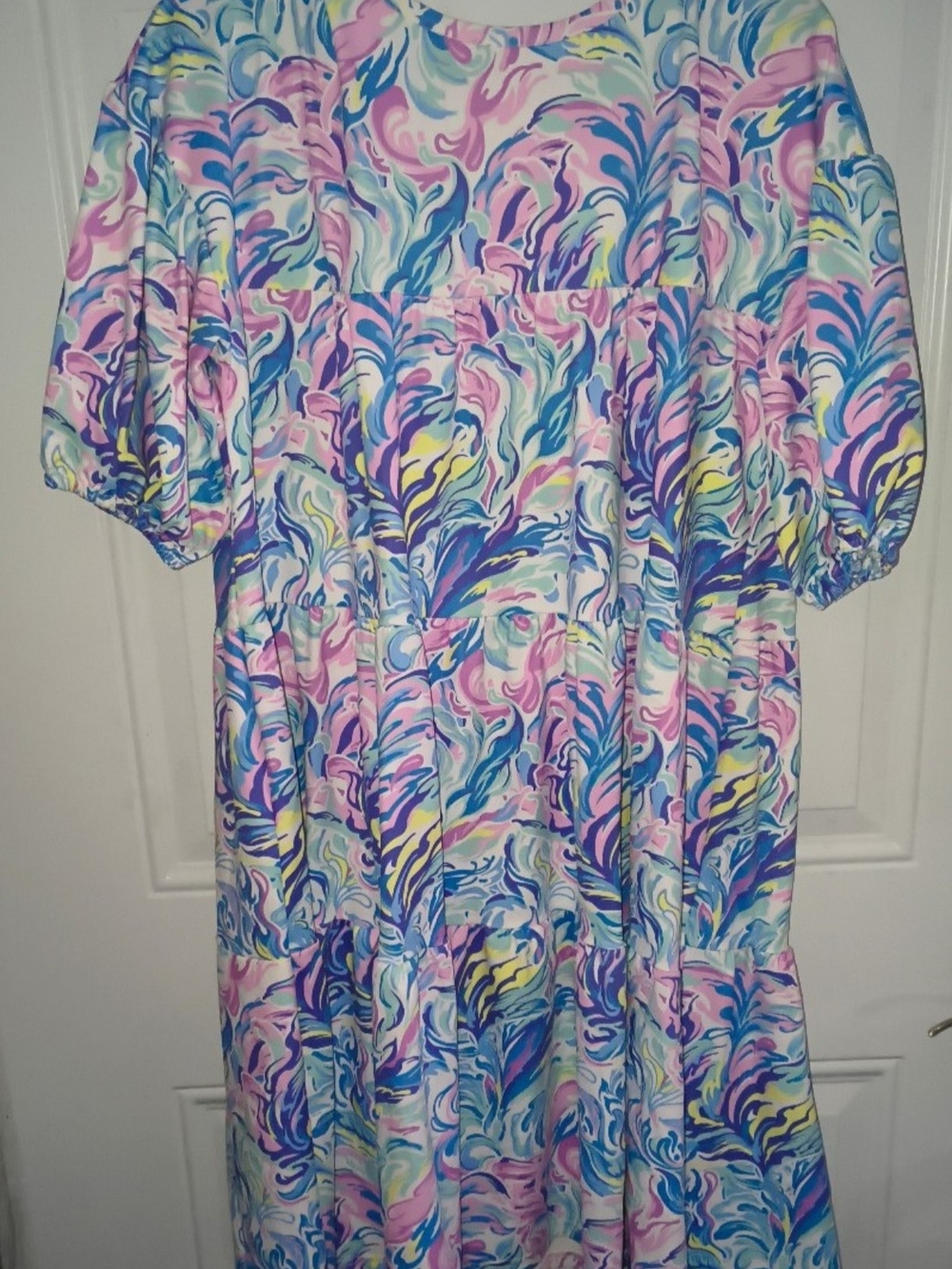 Simply Southern Pastel Swirl Tiered Dress in Pink, Blue & Yellow